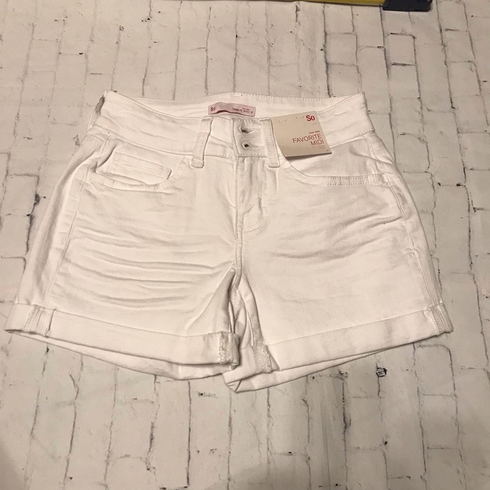 Juniors white jeans shorts size 3 low rise twill midi folded hem SO
